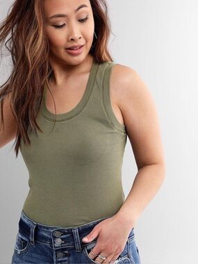 Free People U Neck Tank Top Army Dust Olive Green Ribbed Cotton Size S Intimates